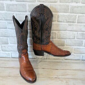 Vintage Dan Post Western Cowboy Boots Lizard Brown Leather Distressed 7.5 D